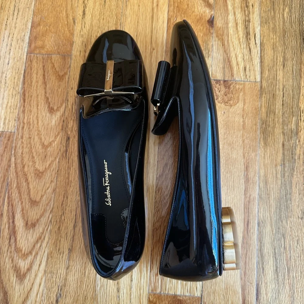 Salvatore Ferragamo Black Patent Leather Loafers with Gold Buckle - Picture 7 of 7